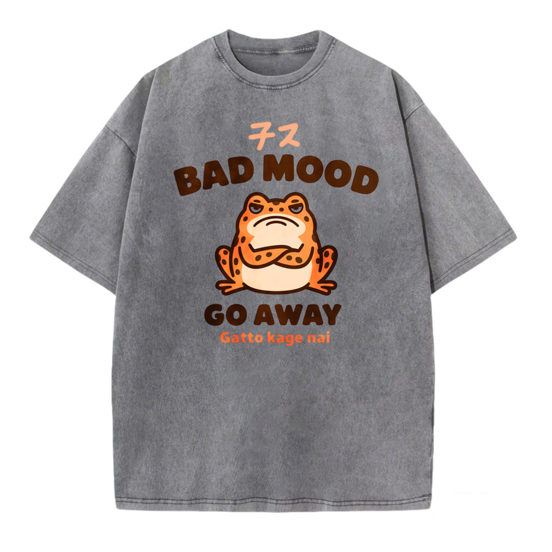 Japanese Style Grumpy Frog Print Washed T-shirt