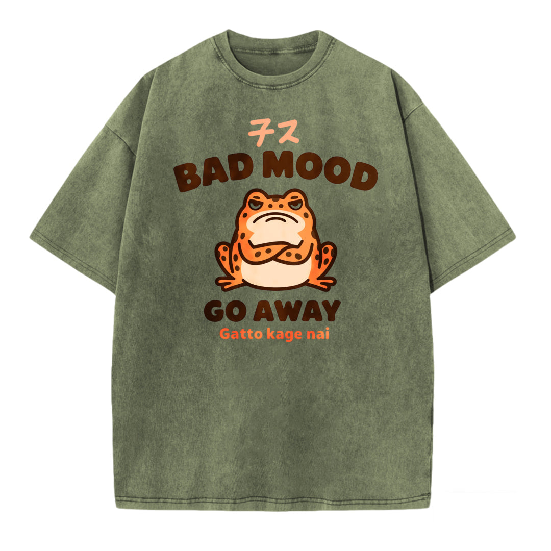 Japanese Style Grumpy Frog Print Washed T-shirt