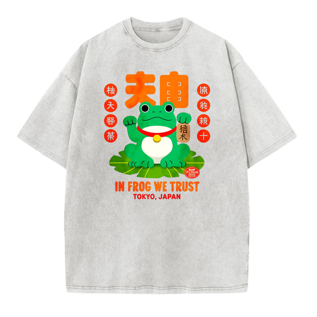 Japanese Style Lucky Frog Funny Print Washed T-shirt